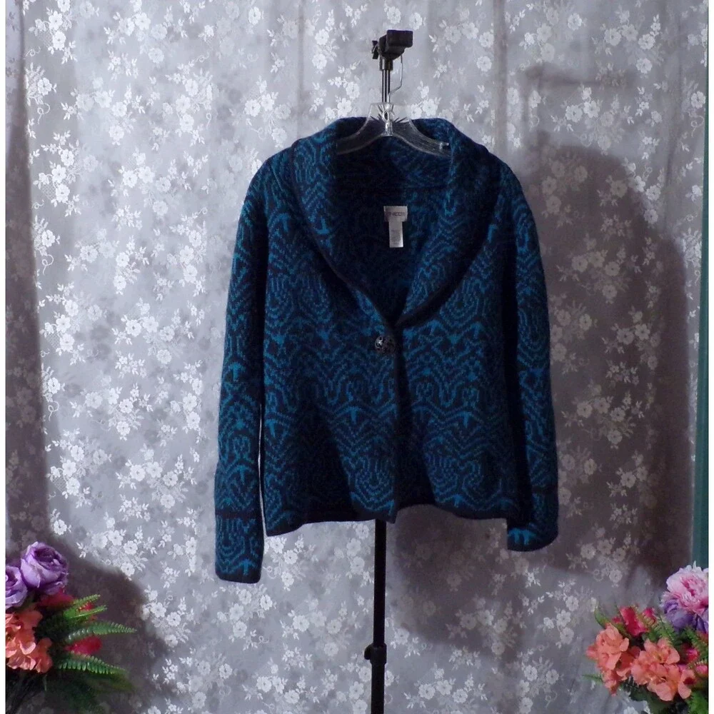 Chico's Wool Angora Blend Cardigan Plus Size 1 Turquoise & Black One Button Cozy